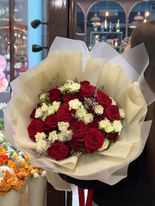 Fresh Flowers: Mix Red Roses & White Spray Roses Medley Bouquet | Daisy Florist