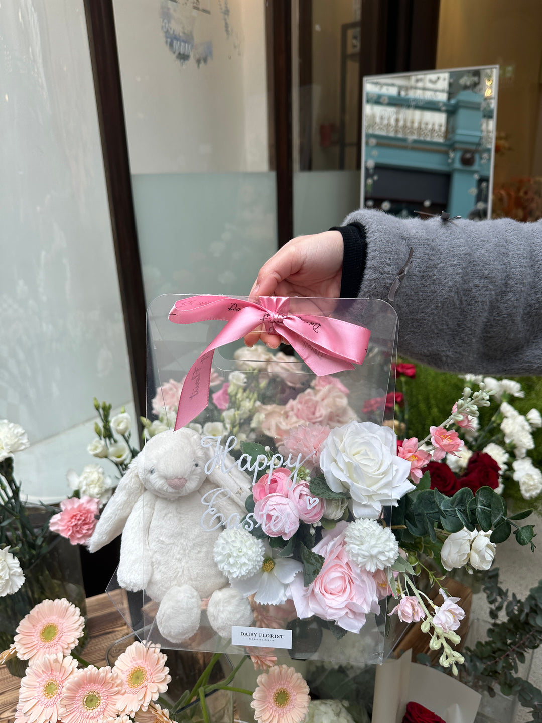 Artificial Flower Present Box with Jellycat Bunny for Easter - Ideal Springtime Surprise