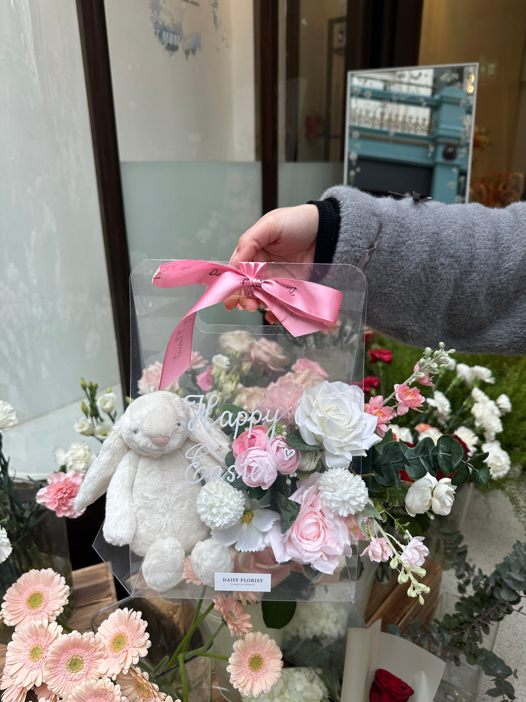 Artificial Flower Present Box with Jellycat Bunny for Easter - Ideal Springtime Surprise