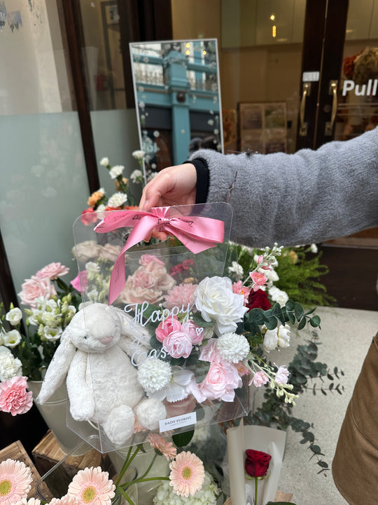 Artificial Flower Present Box with Jellycat Bunny for Easter - Ideal Springtime Surprise