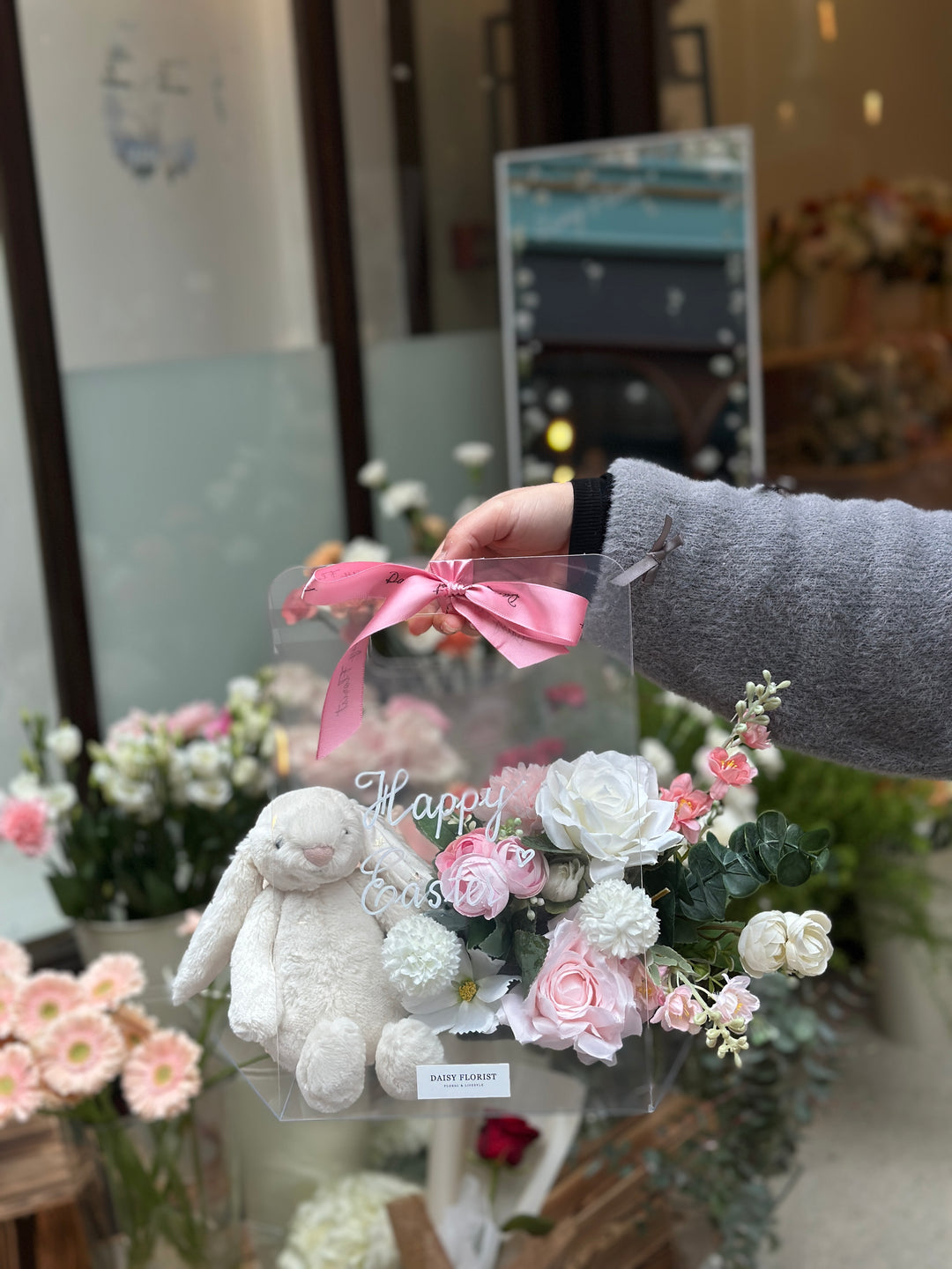 Artificial Flower Present Box with Jellycat Bunny for Easter - Ideal Springtime Surprise