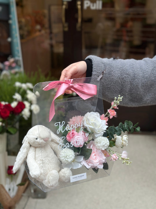 Artificial Flower Present Box with Jellycat Bunny for Easter - Ideal Springtime Surprise