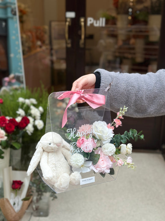 Artificial Flower Present Box with Jellycat Bunny for Easter - Ideal Springtime Surprise