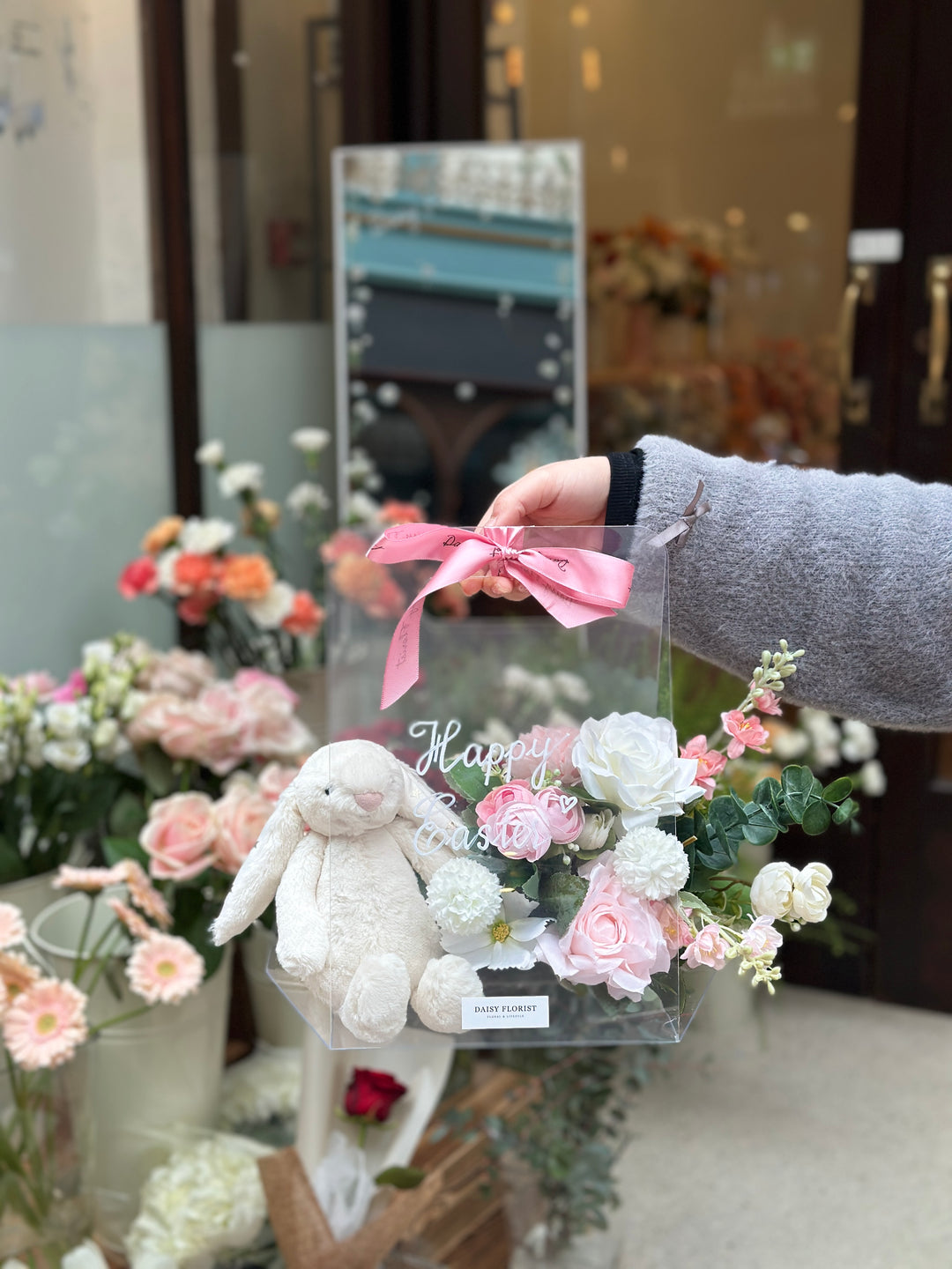 Artificial Flower Present Box with Jellycat Bunny for Easter - Ideal Springtime Surprise