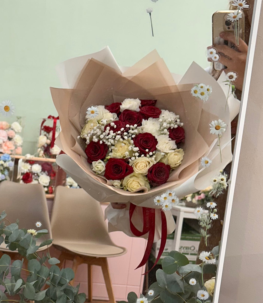 Fresh Flowers: Mix Red & White Roses and Baby's-breath Medley Bouquet | Daisy Florist