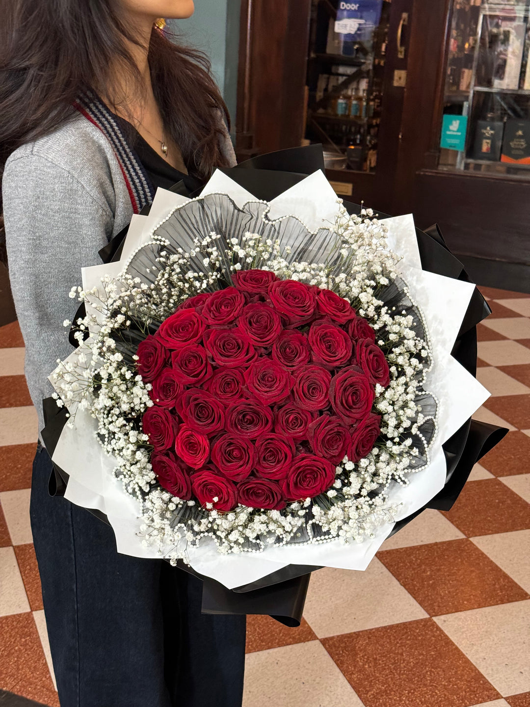 Bouquet of Red Roses with White Baby’s Breath