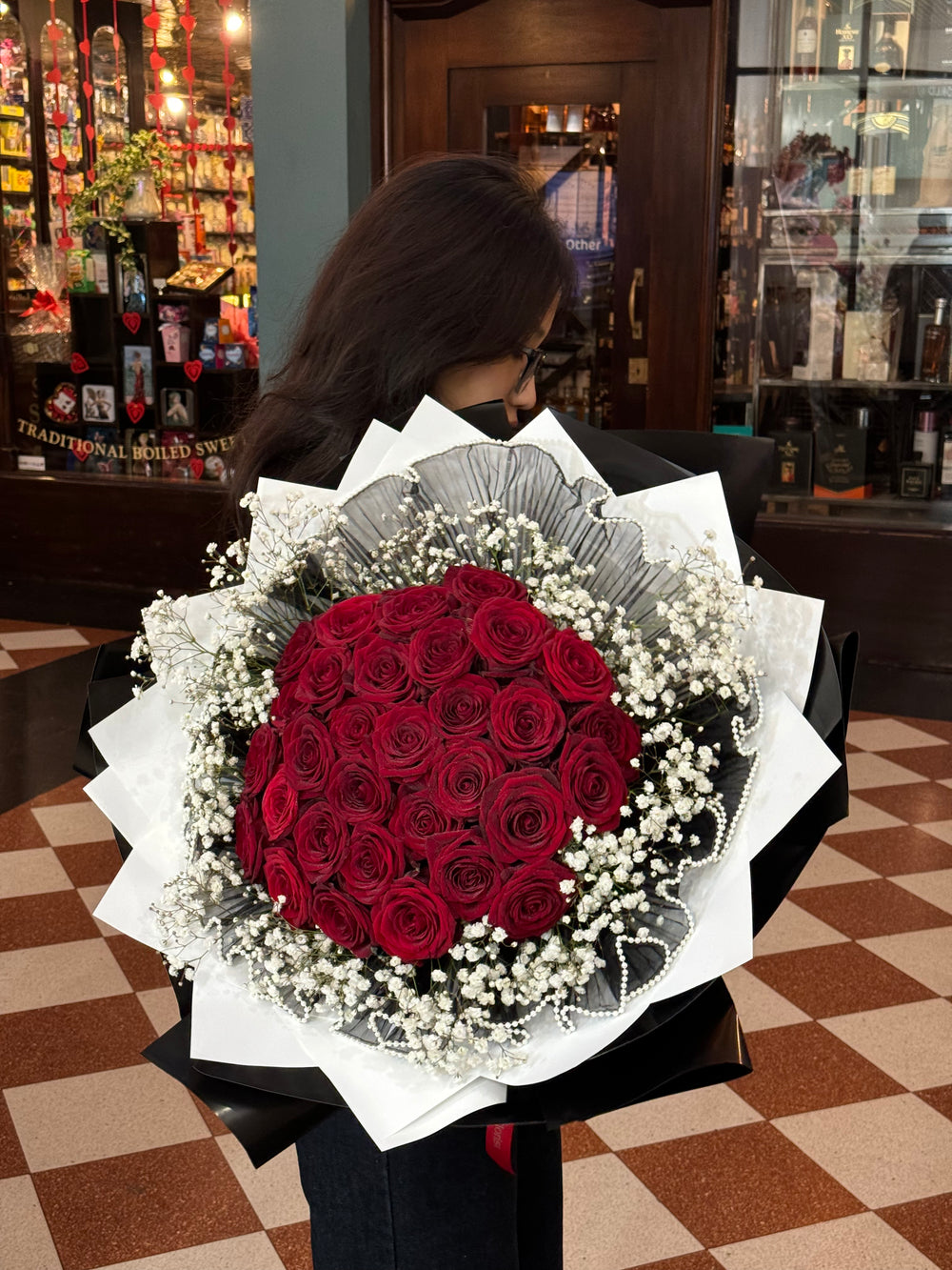 Bouquet of Red Roses with White Baby’s Breath