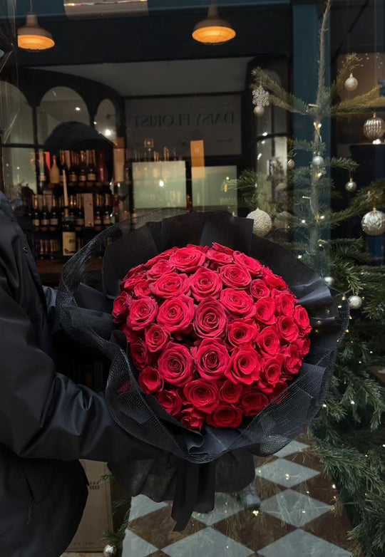 PERSONALISED QUANTITY of Red Roses - Premium Red Roses in Full Black Wrapping