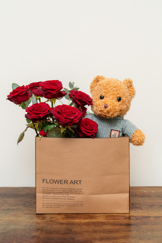 Special Fresh Red Roses Box with Teddy Bear| Daisy Florist