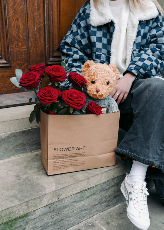 Special Fresh Red Roses Box with Teddy Bear| Daisy Florist
