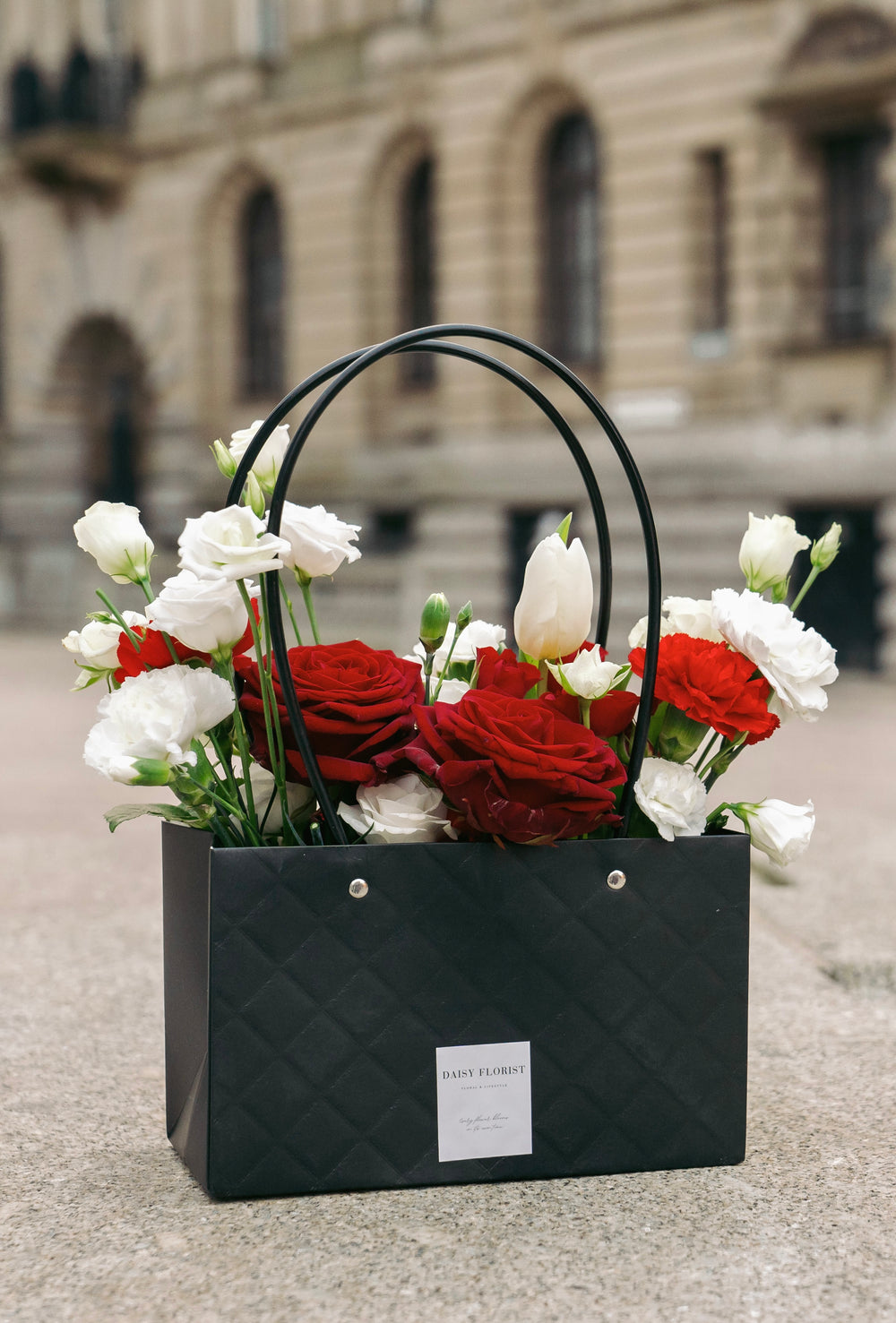 Red Roses and White Fresh Flower Mixed Arrangement in handbag | Daisy Florist