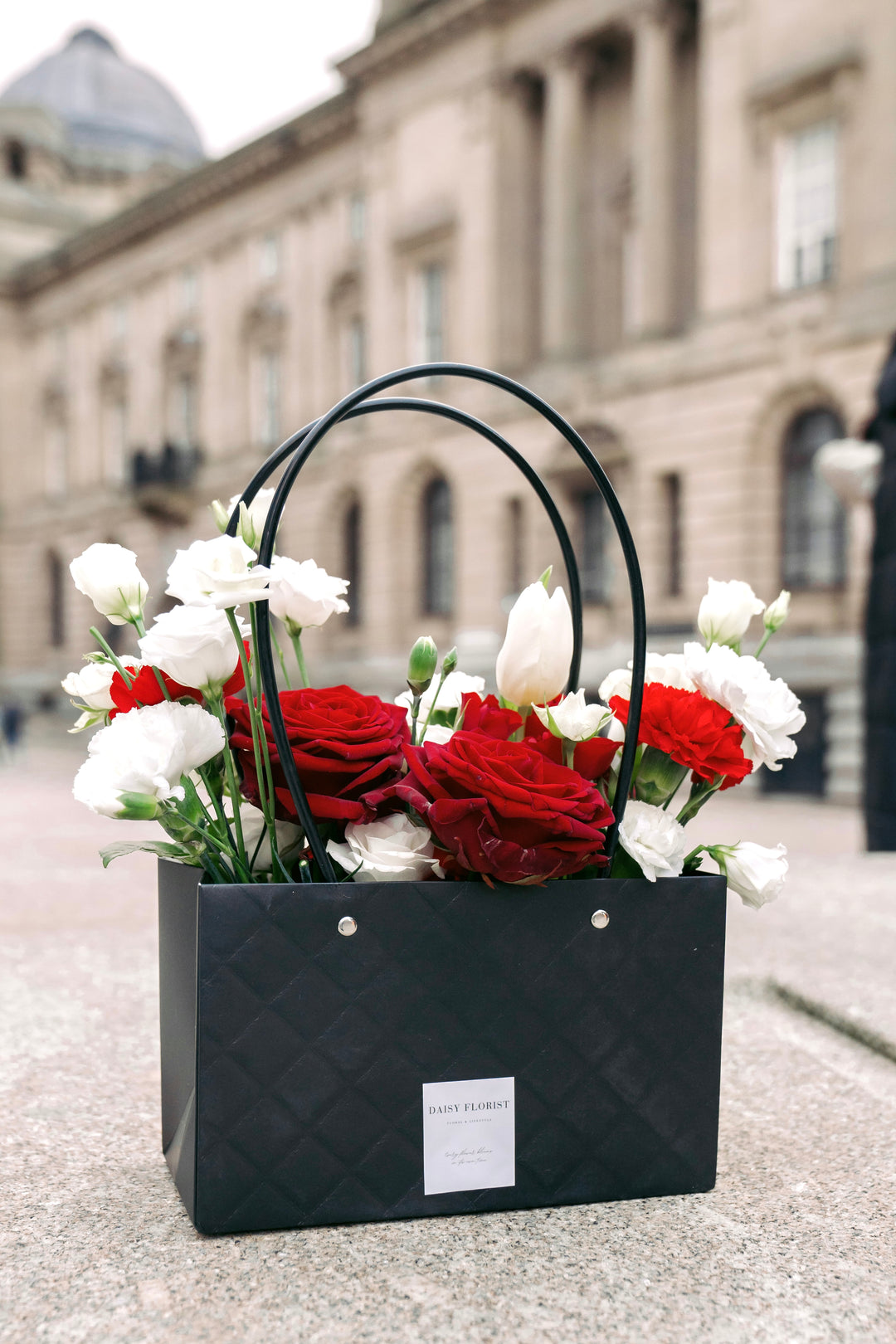 Red Roses and White Fresh Flower Mixed Arrangement in handbag | Daisy Florist